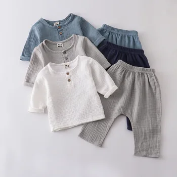 2 шт., весенне-летние комплекты одежды для маленьких мальчиков от 0 до 4 лет, футболка из органического хлопка с длинным рукавом + свободные брюки, детская одежда
