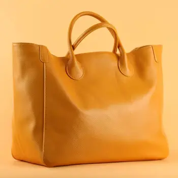 2023 Европейская и американская кожаная портативная желтая сумка-тоут из воловьей кожи верхнего слоя, новая модная женская сумка для покупок большого размера