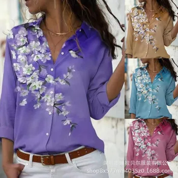 2023 Европейская и американская рубашка с цветочным рисунком, весенняя женская рубашка с 3D-принтом и длинными рукавами