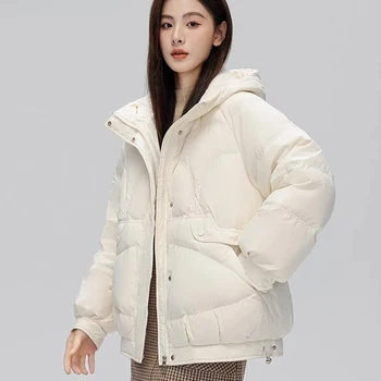 2023 Зима, 90% Белый утиный пух, женская короткая пуховая куртка со свободным карманом на молнии, Однотонная утепленная теплая пуховая куртка с капюшоном
