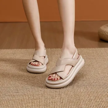 2023 Новые женские римские сандалии Matsuke на толстой мягкой подошве с перекрестным носком и открытым носком Повседневная Спортивная пляжная обувь на толстой подошве