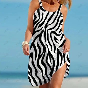 2023 Элегантное женское платье Миди, летнее женское абстрактное винтажное пляжное платье в полоску под зебру, повседневные модные женские платья-слинги трапециевидной формы