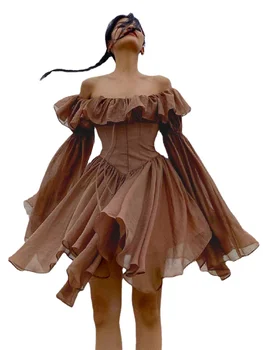 2023 Элегантное шифоновое платье-корсет коричневого цвета, расклешенные мини-платья с длинным рукавом, короткое праздничное платье с оборками и вырезом лодочкой