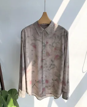 2023ss Женская блузка с лацканами из 100% шелка и длинным рукавом с принтом, топ-рубашка