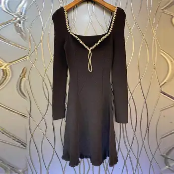 23Runway, новое черное приталенное платье, модные платья А-силуэта с квадратным вырезом и длинным рукавом и талией, шикарная сексуальная однотонная уличная одежда
