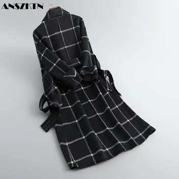 ANSZKTN новая ветровка в клетку средней длины, женская корейская версия, приталенное двубортное пальто темпераментного дизайна