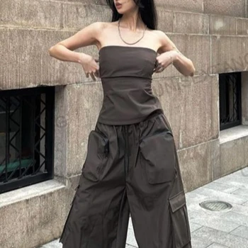 Deeptown Y2k Эстетичные коричневые укороченные топы, женская винтажная уличная одежда, футболки без рукавов в американском ретро стиле Harajuku, тонкие корсетные футболки