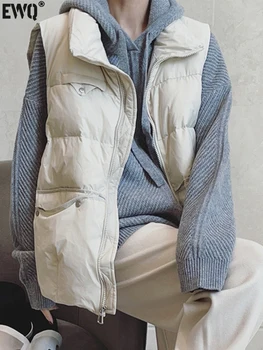 [EWQ] Хлопчатобумажный жилет с заклепками и карманами на пуговицах, женская Корейская куртка без рукавов на молнии, жилеты 2023, новинка осени Зимы