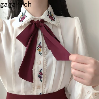 Gagarich; топ-рубашка с французской вышивкой и бантом; Женская осенняя дизайнерская блузка; Нишевый шик; сезон весна-осень; шифоновая блузка с длинными рукавами; топ