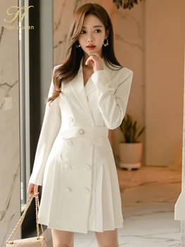 H Han Queen Осеннее элегантное белое платье с двубортной складкой, женские офисные платья, простые тонкие вечерние повседневные платья