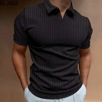 HLJ & GG Новые Мужские Рубашки Поло в полоску V-образной Линии С отворотом, Повседневная Спортивная Мужская футболка с Высокой Эластичностью для Фитнеса, Мужская Однотонная Рубашка Поло
