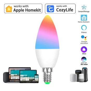 HomeKit Candle Light WiFi Smart Dimmable RGBCW E14 Светодиодная Лампа Siri Alexa Google SmartThings Alice Голосовое Управление Home Assistan