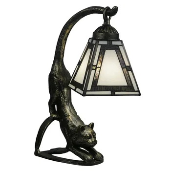 LongHuiJing Высококачественная 18-дюймовая настольная лампа из витражного стекла в стиле дикой кошки в стиле Тиффани, светлый металл, бронза
