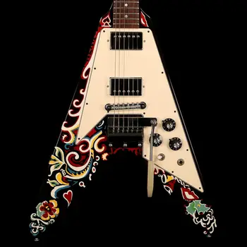 Rhxflame Jimi Hendrix Psychedelic Hand Paint V Электрогитара Maestro Vibrato Задняя Часть Хромированная Фурнитура Тюнеры Tuilp Точечная Инкрустация
