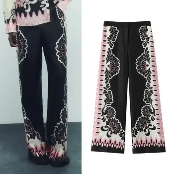 TRAF 2023 Летние женские брюки с цветочным принтом, широкие брюки с высокой талией Для женщин, Винтажные повседневные комплекты брюк на молнии в праздничном стиле