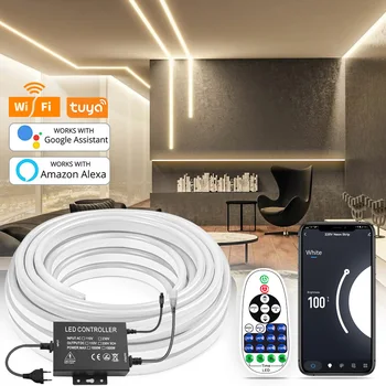 Tuya Wifi LED Неоновая лента переменного тока 220 В с регулируемой яркостью Светодиодная лента EU Plug IP67 Водонепроницаемая Гибкая лента 120 светодиодов/М Для украшения дома