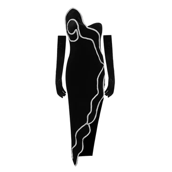 VC Черное Бархатное Вечернее Платье Женское Сексуальное Платье С Высоким Разрезом И Кристаллами Для Официальных Мероприятий С Длинными Рукавами И Перчатками
