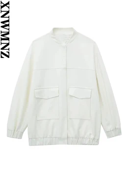 XNWMNZ Женская мода 2023, Осенняя куртка-бомбер с накладным карманом, Женская Винтажная куртка с круглым вырезом и длинным рукавом, Универсальное женское пальто