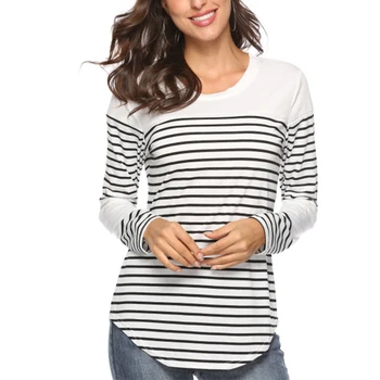 Весенне-осенняя футболка в полоску с принтом, женские повседневные футболки с длинным рукавом и круглым вырезом, Модный пуловер с прострочкой, прямая футболка
