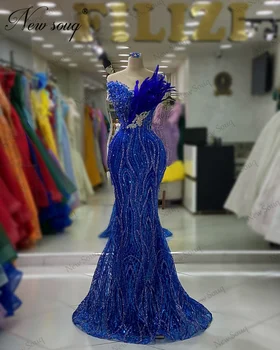 Вечерние платья с длинными перьями Королевского синего цвета, сшитое на заказ платье знаменитостей Ближнего Востока, Vestido De Fiesta, Роскошное платье для выпускного вечера в Дубае, расшитое бисером.