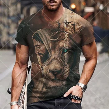 Винтажная футболка для мужчин с 3D принтом Иисуса Льва, Летние топы с коротким рукавом, футболка оверсайз, мужская одежда, пуловер с круглым вырезом, уличная одежда