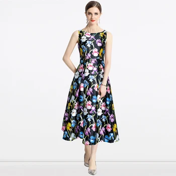 Винтажное жаккардовое платье на бретелях с цветочным принтом для женщин 2023, осеннее бальное платье с высокой талией для отпуска, вечерние халаты