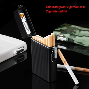 Водонепроницаемый портсигар USB-зажигалка Портативная коробка для сигарет емкостью 16 шт. Держатель для табака Перезаряжаемая Ветрозащитная Металлическая зажигалка