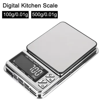 Высокоточные электронные весы 500 г / 100 г, цифровой ЖК-дисплей, USB-зарядка, карманные кухонные весы из нержавеющей стали