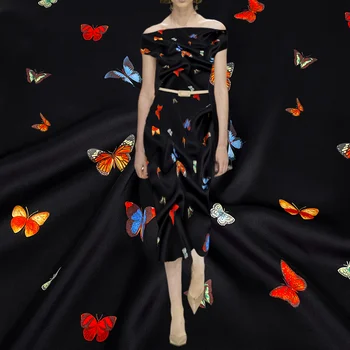 Глянцевая ткань с имитацией триацетата с драпировкой, черный фон, Красочное платье с бабочкой, Атласные ткани Чонсам
