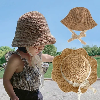 Детская шляпа для девочек, летние кепки, Детская Соломенная Шляпа, Дышащий Кружевной ремешок, Солнцезащитная шляпа с козырьком, Складные Широкие поля.