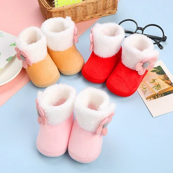 Детские зимние ботинки, украшенные 3D цветами, теплые ботинки для первых ходунков для новорожденных