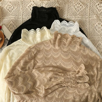 Женская кружевная сетчатая рубашка с высоким воротом, офисная женская рубашка с рукавами-трубами, тонкая нижняя рубашка, Осень 2023, Новый французский Элегантный пуловер