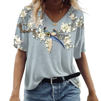 Женская летняя Новая Повседневная футболка с 3D Пейзажным принтом, коротким рукавом и V-образным вырезом, Женская Универсальная футболка в стиле ретро Y2K, Женская одежда