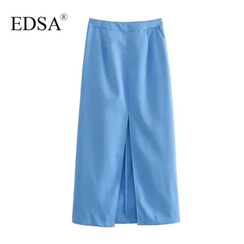 Женская модная синяя юбка миди с разрезом EDSA, высокая талия, летние однотонные прямые длинные юбки для женщин, офисная уличная одежда для леди