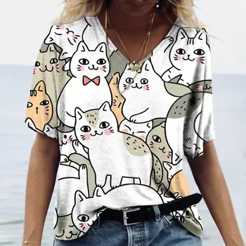 Женская футболка с забавным принтом кота из аниме, модная одежда в стиле харадзюку, футболка оверсайз с V-образным вырезом и коротким рукавом, модная повседневная уличная блузка