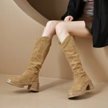 Женские ботинки Western 2024 с острым носком, брендовая замшевая обувь на высоком массивном каблуке, Удобные прогулочные Botas De Mujer Winter1