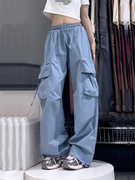 Женские Корейские модные брюки-карго Y2K Oversize Harajuku, Однотонные брюки с высокой талией и широкими штанинами, Уличные Мешковатые тренировочные брюки с парашютом, женские