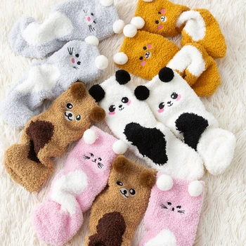 Женские пушистые носки с милыми мультяшными животными, Зимние теплые флисовые носки Kawaii с пандой, кошачьей мышью, повседневные модные домашние носки для сна, пушистые носки