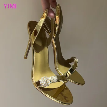 Женские роскошные элегантные модные дизайнерские босоножки на высоком каблуке с кристаллами Летние пикантные женские туфли для свадебной вечеринки 40 41 Золото