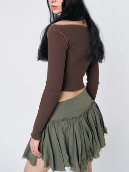 Женские рубашки со сказочным принтом, укороченный топ с круглым вырезом и длинным рукавом Y2K Slim Fit, винтажные футболки в стиле Панк-Харадзюку-Гранж