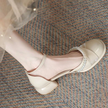 Женские свадебные босоножки на высоком каблуке с милой имитацией жемчуга, весенне-осенние туфли Мэри Джейн на массивном каблуке для вечеринки Sapato De Noiva