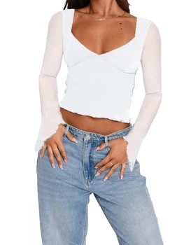 Женские топы из прозрачной сетки с длинным рукавом, рубашка с глубоким вырезом и V-образным вырезом, Сексуальная прозрачная футболка, блузка, клубная одежда