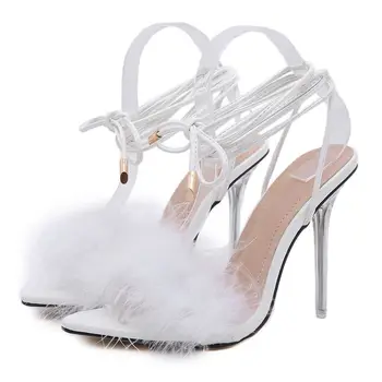 Женские туфли на высоком каблуке из пушистого искусственного меха, высокие каблуки с заостренными шпильками и перекрестными ремешками, вечерние туфли на белом каблуке