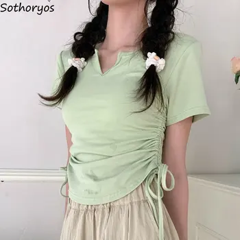 Женские футболки с коротким рукавом, однотонные, сексуальные, с V-образным вырезом, классические, универсальные, простые, популярные Корейские модные топы Sweet Girls Daily Leisure Ins