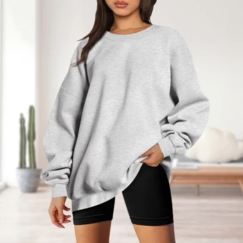 Женский теплый свитер, однотонный женский свитер с длинным рукавом, пуловер с круглым вырезом, толстовка, повседневная одежда для отпуска большого размера