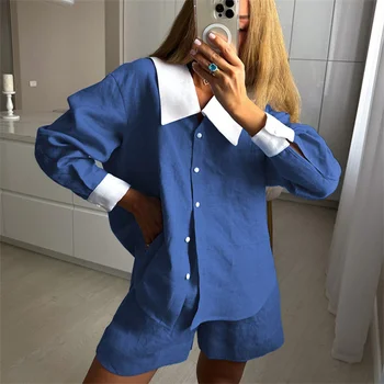 Женский элегантный костюм-блузка королевского синего цвета Clothland, однобортная рубашка с длинным рукавом, мини-шорты, милый комплект из двух предметов TA176