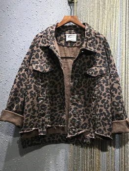 Женское винтажное осеннее леопардовое свободное джинсовое короткое пальто с длинным рукавом, однобортный отложной воротник, уличная одежда, куртка с широкой талией