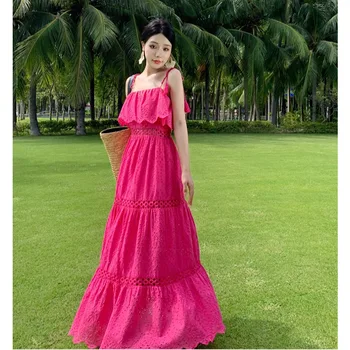 Женское длинное платье SMLXL для пляжного отдыха розового цвета на тонких бретельках с высокой талией и оборками в заплатках