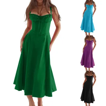 Женское длинное платье-слинг без рукавов, летнее однотонное бандажное платье трапециевидной формы с открытой спиной, женские платья Осень