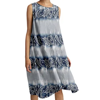 Женское повседневное пляжное платье из эластичного хлопка и льна, длинное платье с цветочным принтом, повседневное платье